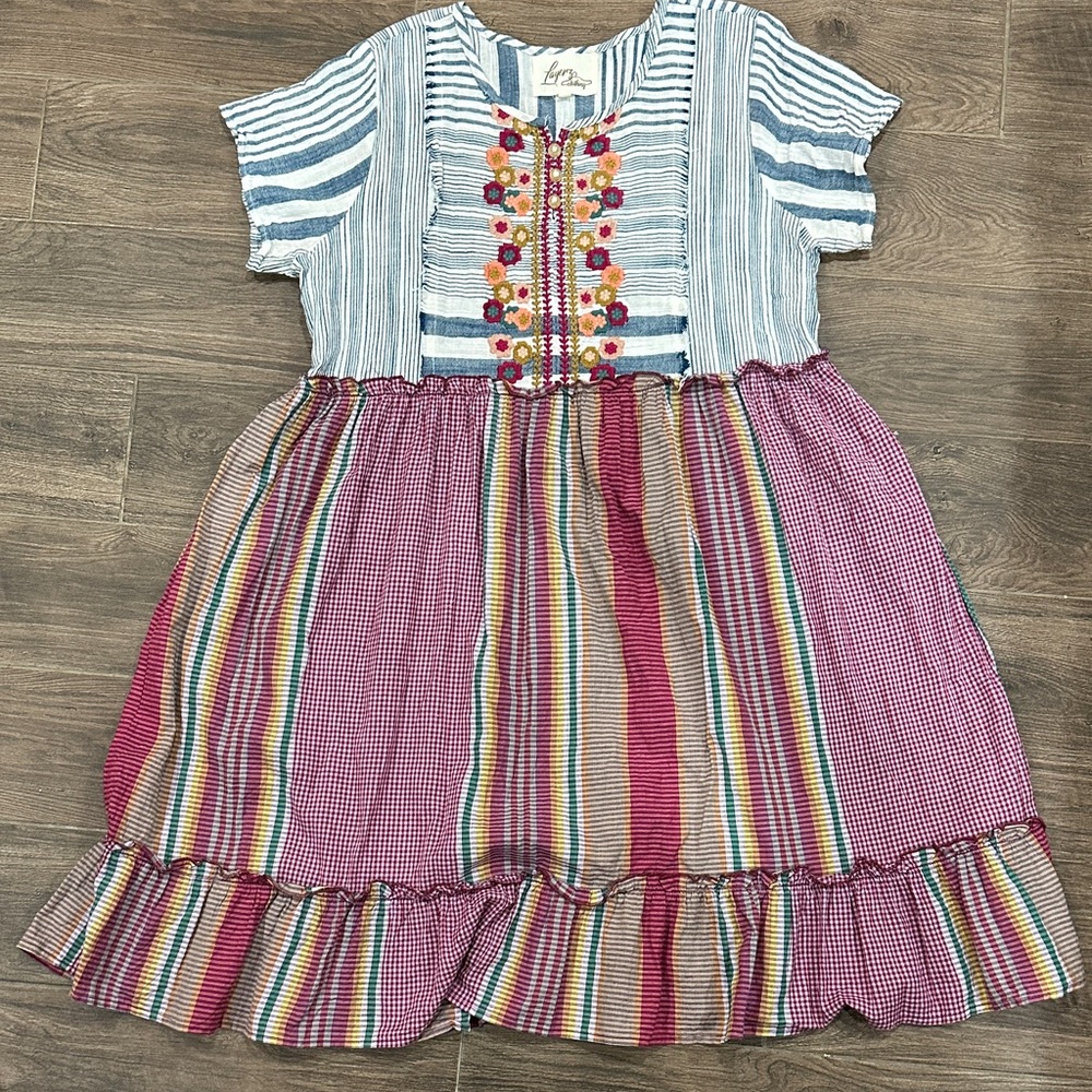 Striped Multicolor Midi Dress with Floral Details